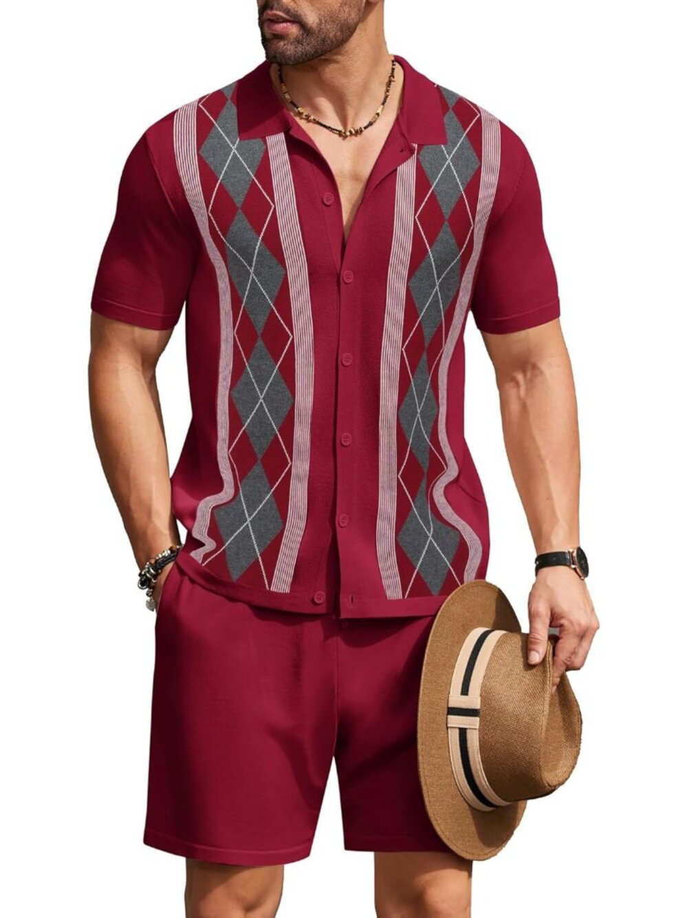 Coofandy Men's Argyle-red Vintage Short Sleeve Button Down Knit Polo Shirts
